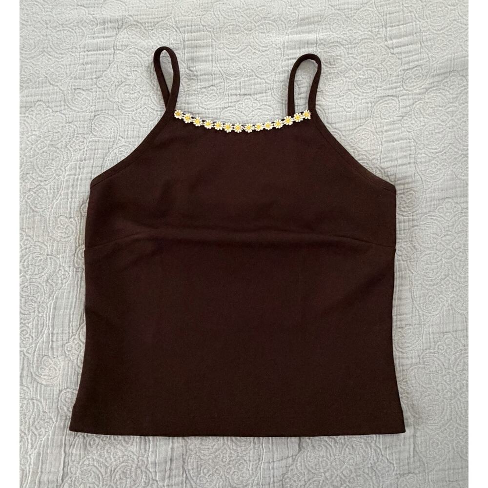Vintage Y2K 90s Flower Daisy Brown Spaghetti Tank Babydoll‎ Grunge Wildcat Sz M
